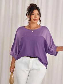 Cravure Plus Size Round Neck 3/4 Raglan Sleeve Purple Autumn Elegant Formal Metallic Fabric Patchwork Contrast Color Woven Cuff Casual Commute Party Shirt - Violet Purple - View 1