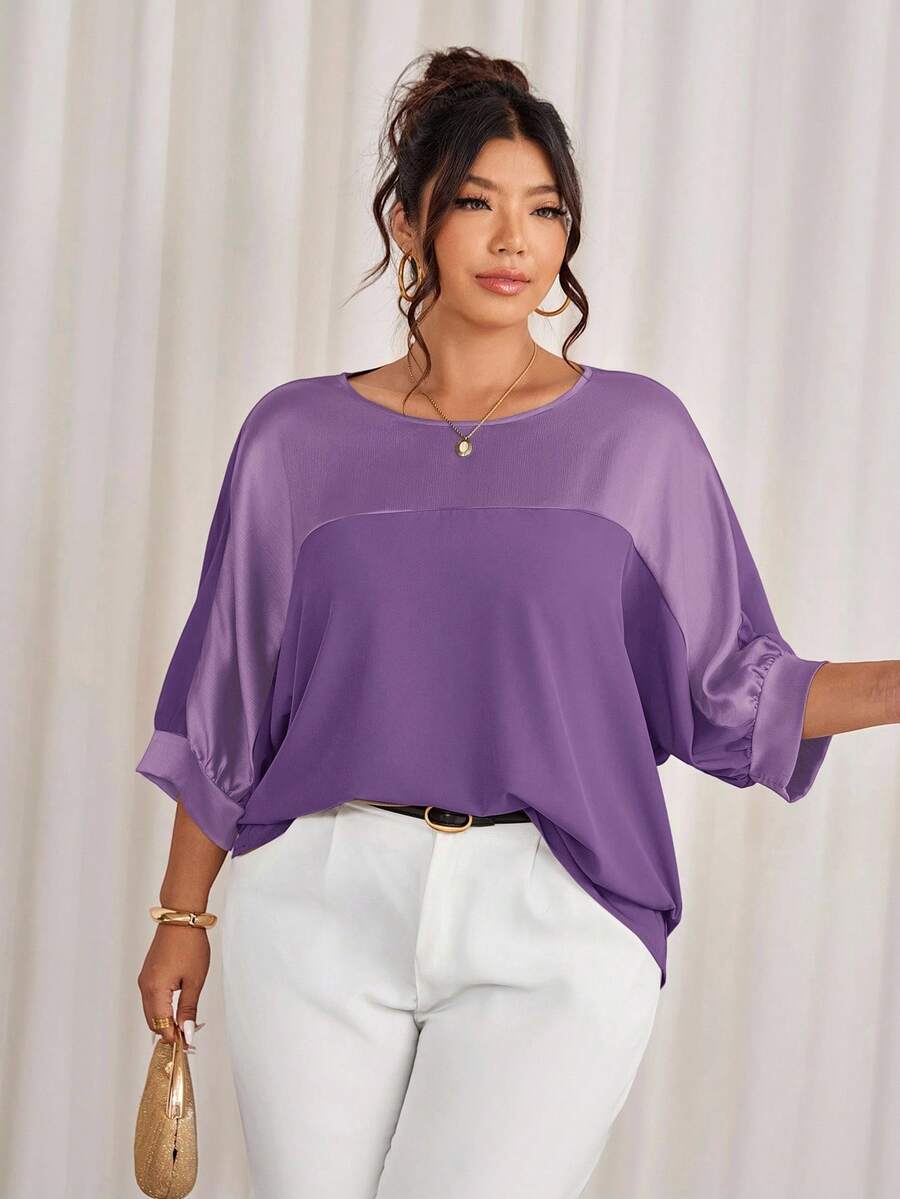Cravure Plus Size Round Neck 3/4 Raglan Sleeve Purple Autumn Elegant Formal Metallic Fabric Patchwork Contrast Color Woven Cuff Casual Commute Party Shirt - Violet Purple - View 1