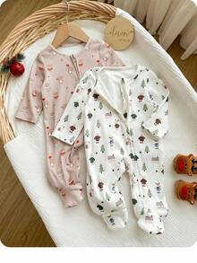 2pcs Newborn Baby Boy/Girl Cute Cartoon Print Knit Long Sleeve Romper Pajamas Set - Multicolor - View 4