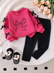 Bộ 2 quần dài tay in họa tiết bướm thường ngày cho bé gái, dễ thương và thời trang cho mùa thu - Màu Hồng Tươi - Xem 1