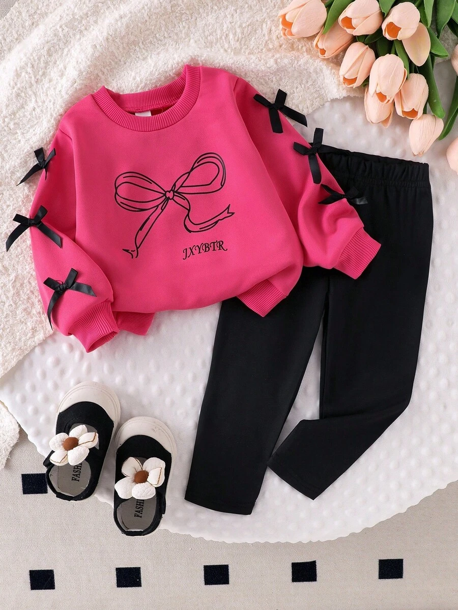 Bộ 2 quần dài tay in họa tiết bướm thường ngày cho bé gái, dễ thương và thời trang cho mùa thu - Màu Hồng Tươi - Xem 1