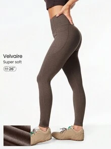 GLOWMODE Leggings de cintura alta sin costura frontal de 26" Softy Velvaire con bolsillos laterales, para yoga de bajo impacto, pilates, uso diario y casual - Marrón - Ver 1