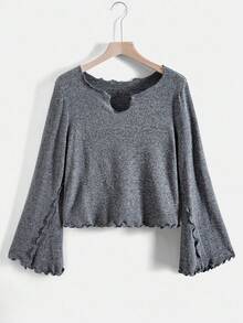 SHEIN EZwear 秋季大码女式休闲生菜花边喇叭袖T恤 - 灰色 - 查看 1
