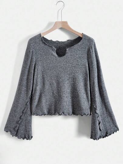 SHEIN EZwear Plus Size Women Casual Lettuce Trim Flare Sleeve T-Shirt, Autumn,Fall Clothes For Women