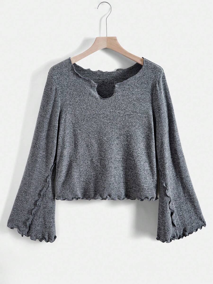 SHEIN EZwear 秋季大码女式休闲生菜花边喇叭袖T恤 - 灰色 - 查看 1