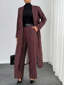 SHEIN 2pcs Women's Striped Regular-Shoulder Long Sleeve Fashionable Long Overcoat & Pants Set - Red - View 5