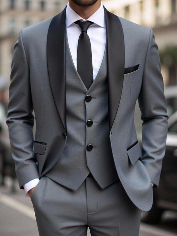 Manfinity Mode Conjunto de chaqueta y pantalones de color contrastante con cuello chal para hombre