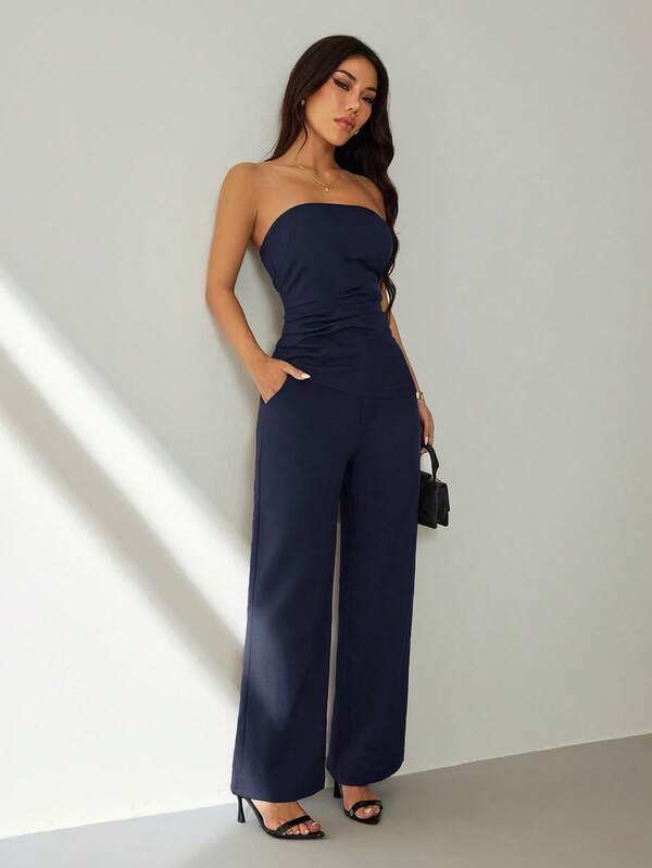 SHEIN PETITE Women's Solid Color Pleated Bandeau Top And Pocket Pants Casual Suit Set