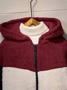 SHEIN Tween Boy Plush Patchwork Zipper Economy Jacket Boys Fall Clothes Kids Fall Clothes Fall Blouses Kids Winter Clothes Toddler Boy Fall Clothes Cute Sweater Halloween Kids Clothes Fall Blouses Fall Shirts Halloween Shirt Black Shirt Suitable For Commuting To School Daily Leisure College Travel Suitable For Sports Suitable For Fall And Winter Season - Burgundy - View 3