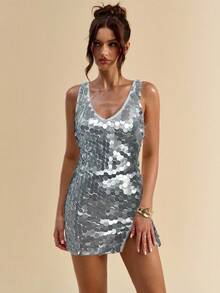 SHEIN BAE Summer Women's Deep V-Neck Bodycon Slit Mini Dress, Suitable For Banquet, Event, Party, Cocktail Party, Night Out - Silver - View 3