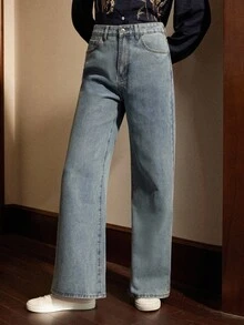 Écloséra Quần jean nữ Nút Nghề thêu Túi Dây kéo Hoa - Rửa nhẹ - Xem 5