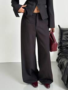 SHEIN EZwear NEW Autumn Clothes Old Money Women's Social Pant Women's Fashionable Black Woven Wide Leg Suit Pants With Pockets