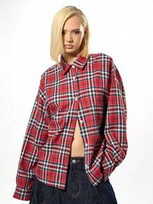 SUMWON WOMEN Cotton Oversized Plaid Check Long Sleeve Button Down Shirt With Call My Stylist Print Fall Winter Streetwear Holiday Collection - Red - View 6
