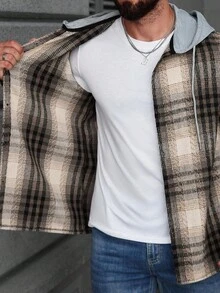 Manfinity Homme 休闲时尚百搭保暖长袖男士夹克，秋冬格子夹克，男士S码夹克，休闲男士外套，法兰绒连帽男士格子衬衫 - 米色 - 查看 7