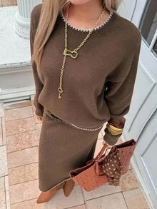 DAZY Conjunto de 2 piezas de suéter de punto y falda de color contrastante casual para mujer, otoño - Marrón - Ver 8