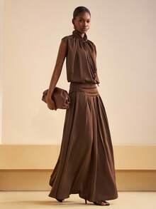 Zivah 2025 Winter New Style Christmas New Year Birthday Party Banquet Preppy Style Student Wear Everyday Street Basic Versatile Casual Cruise Travel Internet Celebrity Hot Style Elegant Commuter Business Casual Gathered Small Stand-Up Collar V-Neck Loose Shirt With Ribbon + Gathered Maxi Skirt Coffee Glitter Satin Satin Autumn/Winter Set Christmas Set New Year Set Women's Two-Piece Set - Rust Brown - View 6