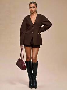 SHEIN BAE Women's Solid Color Waist Cinched Blazer, Suitable For Work - Chocolate Brown - View 7
