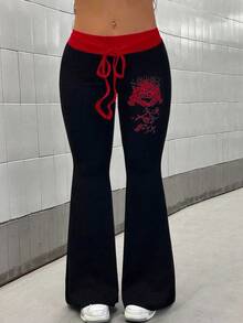 Maweii Quần ống loe ôm in họa tiết phía trước, màu tương phản, thời trang dạo phố, thu đông, cỡ lớn dành cho nữ, màu đen - màu đen - Xem 4