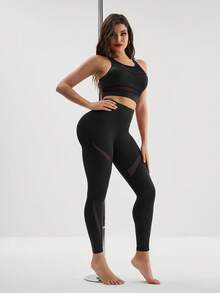 Menodora SHEIN Sport 2 件套健身瑜伽服健身房服装套装对比色网眼上衣宽带腰部紧身裤健身女士套装 - 黑色 - 查看 5