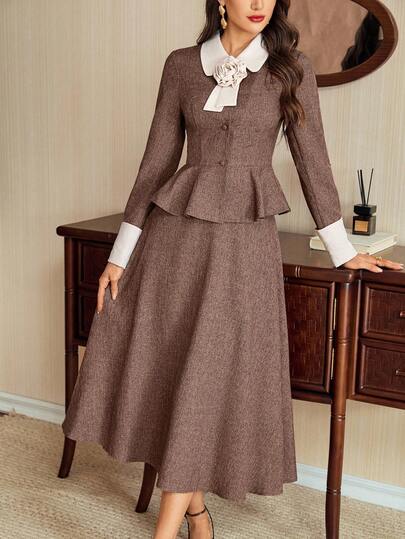 Vintamour Vintage Classic Elegant Women's 2 Pieces Set,/Fitted Contrast Color Collar 2 Pieces Set, 3D Floral 2 Pieces Set Setup Women New Year Women's Clothes  Brown Set Spring