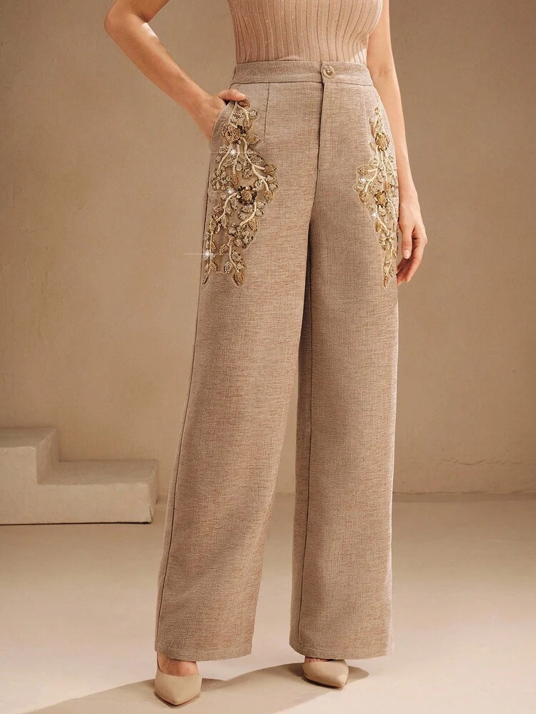 Women's Corduroy Pants With Embroidered Patch Design, Elegant And Stylish For Fall, Winter, New Year, Christmas, Going Out