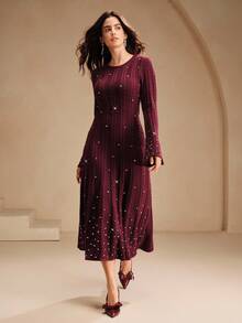 Anewsta Robe moulante élégante en maille perlée avec manches évasées, tenue de Noël élégante et élégante pour femme, robe de soirée - Rouge - Voir 4