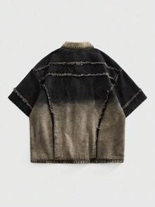 ROMWE MEN Grunge Punk 男式磨边单排扣休闲渐变色牛仔短袖衬衫 - 酒紅色 - 查看 9