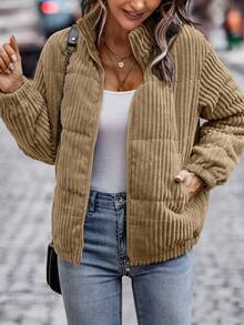 EMERY ROSE Slant Pocket Corduroy Padded Padded Coat Clothes Winter - Khaki - View 1