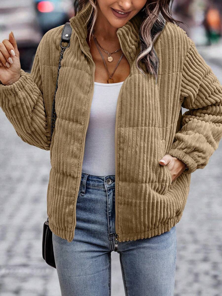 EMERY ROSE Slant Pocket Corduroy Padded Padded Coat Clothes Winter - Khaki - View 1