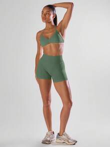 Musera Sport Solid Ruched Bust Open Back Halter Sports Bra, Active Comfy Workout Gym Running Run Club Gym Yoga Pilates Fitness Daily Casual - Army Green - View 5
