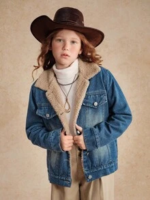 少女休闲水洗蓝牛仔保暖外套，秋冬季百搭单品