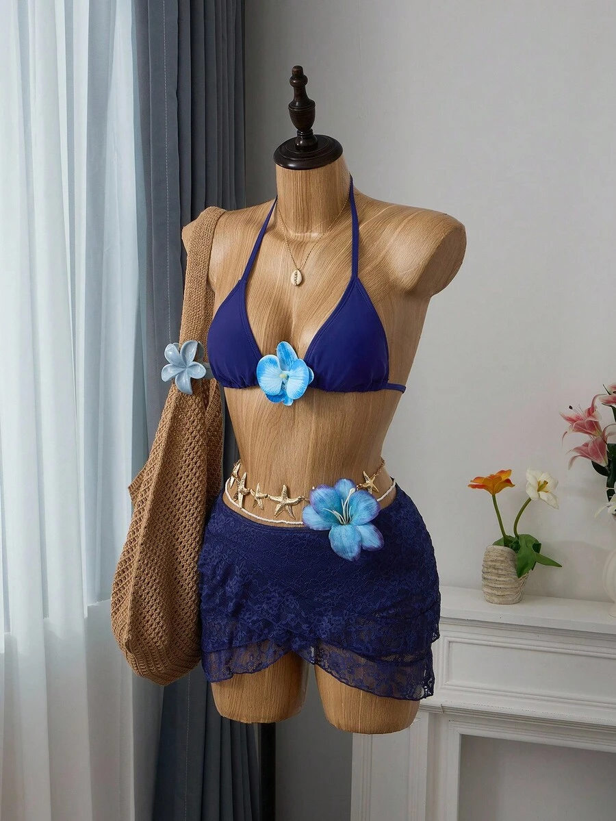 SHEIN Swim 纯色比基尼套装，含罩衫和裙子，适合度假和海滩 - 藏蓝色 - 查看 1