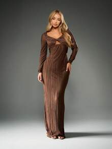 MISSGUIDED 优雅褶皱长裙，带褶皱紧身胸衣，长袖高腰晚礼服，及地长款，特殊场合秋冬派对礼服 - 棕色 - 查看 6
