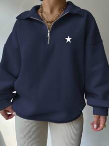 EMERY ROSE Sudadera holgada con media cremallera, cuello y estampado de estrella, para mujer talla grande, de uso casual y para ir al trabajo, otoño - Azul Marino - Ver 3
