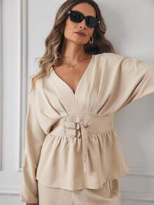 Louniche Women's Solid Color V-Neck Long Sleeve Elegant Top And Pants 2 Pieces Set