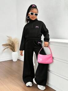 SHEIN 2件套青少年女孩字母刺绣套头连帽衫和休闲裤套装 - 黑色 - 查看 5