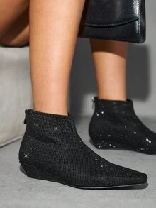 CUCCOO SZL Bottes cheville et bottines courtes pour femmes à bout carré, talon compensé, entièrement ornées de strass. Glamour et sexy pour les fêtes et les mariages