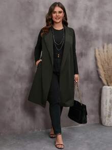 EMERY ROSE Plus Size Casual Commute Solid Color Vest Coat, Winter,,2025 New,Simple And Fashionable For Everyday Wear, Christmas,New Year,Date Night - Army Green - View 3