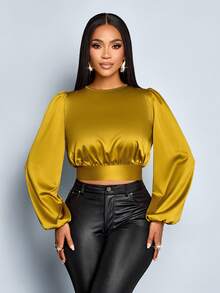 SOLERSUN 女士时尚灯笼袖系带缎面衬衫收腰衬衫，冬季服装，秋季，优雅，日常通勤，外出，休闲