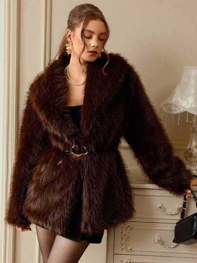 GENKIRA Black Faux Fur Collar Loose Fit Jacket With Metal Buckle Waist Belt, Elegant And Versatile Faux Leather Coat