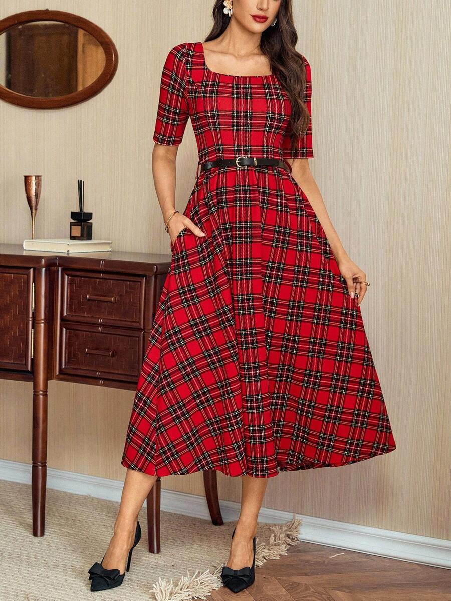 Vintamour Đầm nữ cổ điển thanh lịch, đầm kẻ caro ôm dáng với cổ vuông, tay lửng, thắt lưng, túi, đầm dài mùa hè/thu đông cho nữ, đầm nữ mùa thu đông, đầm Giáng sinh, đầm năm mới, quần áo năm mới cho nữ, đầm kẻ caro, đầm đỏ, đầm kẻ caro nữ, đầm kẻ caro đỏ có thắt lưng, đầm midi kẻ caro, đầm Giáng sinh. - Đỏ - Xem 1