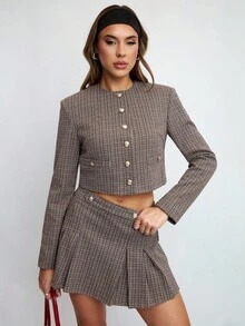 Avenya Chaqueta corta con botones metálicos y estampado de cuadros - Marrón - Ver 3