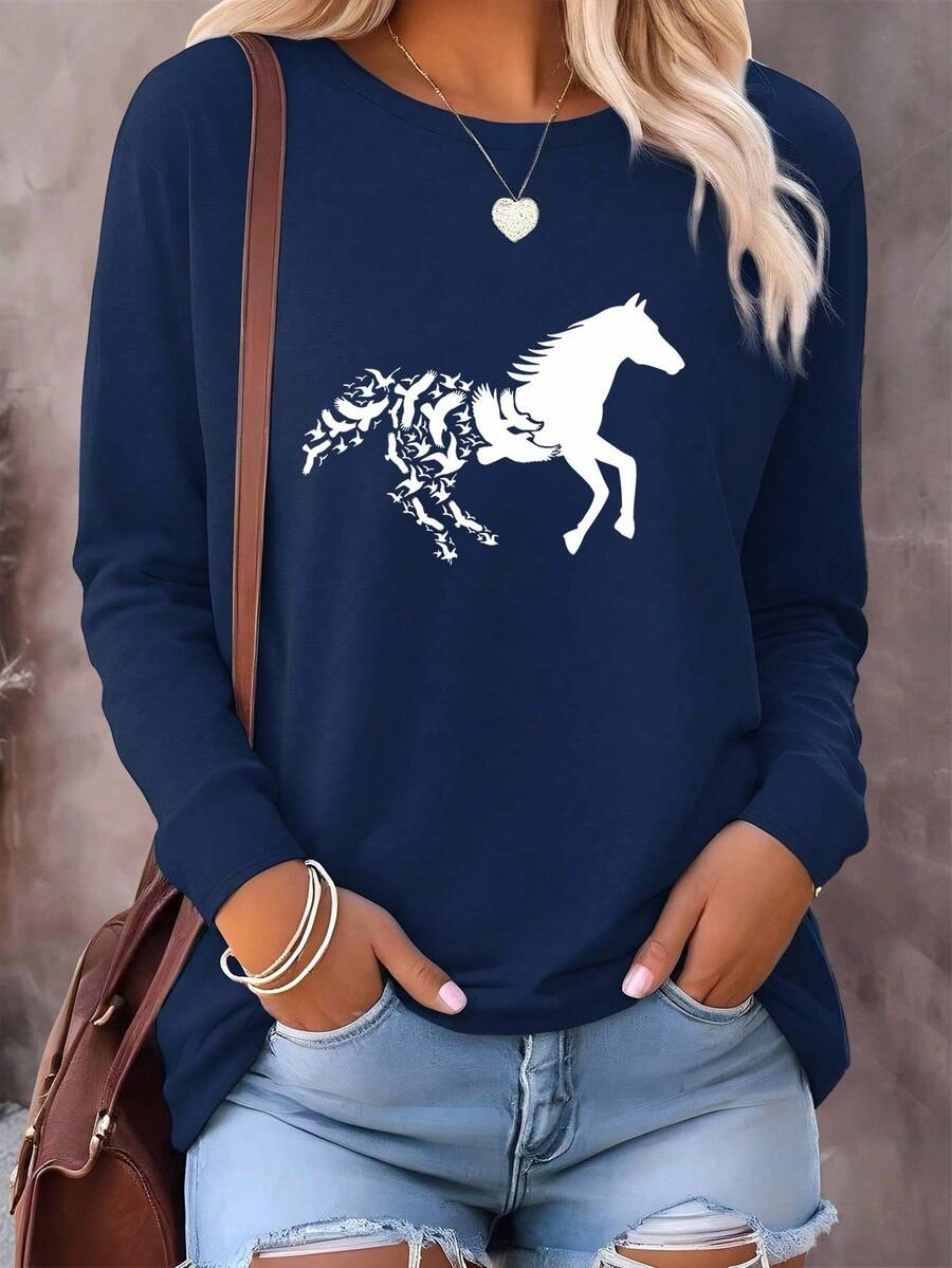 EMERY ROSE Casual Bird & Horse Print Long Sleeve T-Shirt, Autumn - Navy Blue - View 1