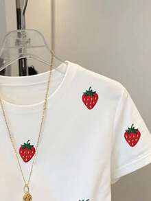 Resyla Camiseta casual de mujer de manga corta y cuello redondo con bordado de fresa - Blanco - Ver 5