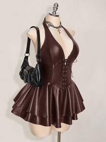 SHEIN ICON Gaun Mini Halter Kulit PU dengan Tali Silang Belakang Terbuka untuk Wanita Ukuran Plus, Gaya Goth Musim Gugur Cokelat untuk Pesta Malam di Klub, Y2k Gyaru, Konser, Pesta Festival, Rave - Coklat - View 4