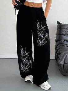 INAWLY Women's Rhinestone Graphic Print Pants, Casual Straight Leg Comfortable Trousers Suitable For Daily Wear - Black - View 3