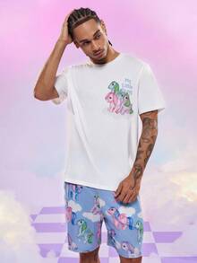 My Little Pony X SHEIN 男士字母和迷你马印花圆领短袖T恤，夏季 - 彩色 - 查看 6