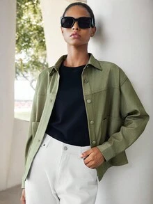 SHEIN Luminelle Women's Casual Denim Effect Button-Up Long Sleeve Jacket, Autumn - Green - View 1