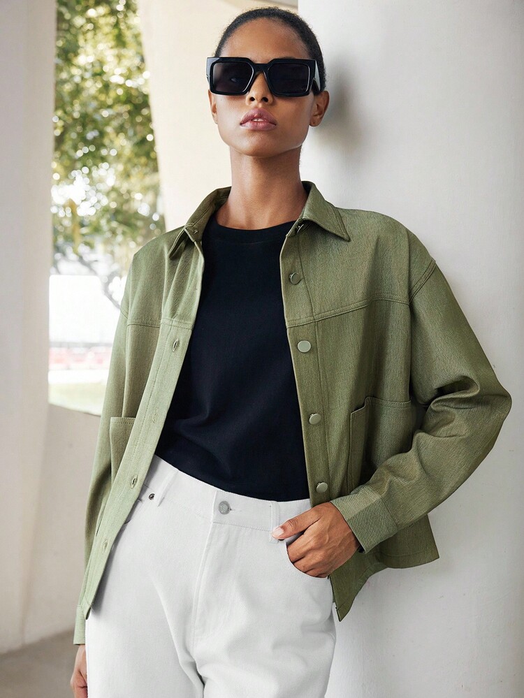 SHEIN Luminelle 女式休闲牛仔效果纽扣长袖夹克，秋季 - 綠色 - 查看 1