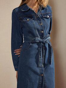 Écloséra Fake Pocket-Breasted Belted Denim Dress - Blue - View 6